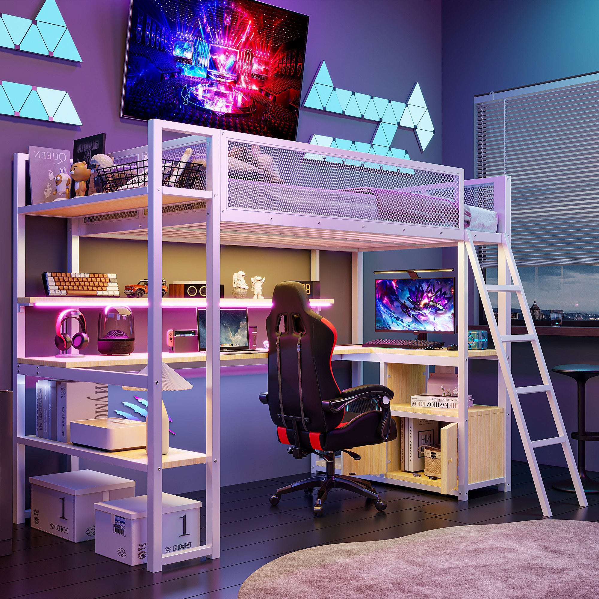 White Twin Metal Loft Bed: Desk, LED, Storage - Space Saver