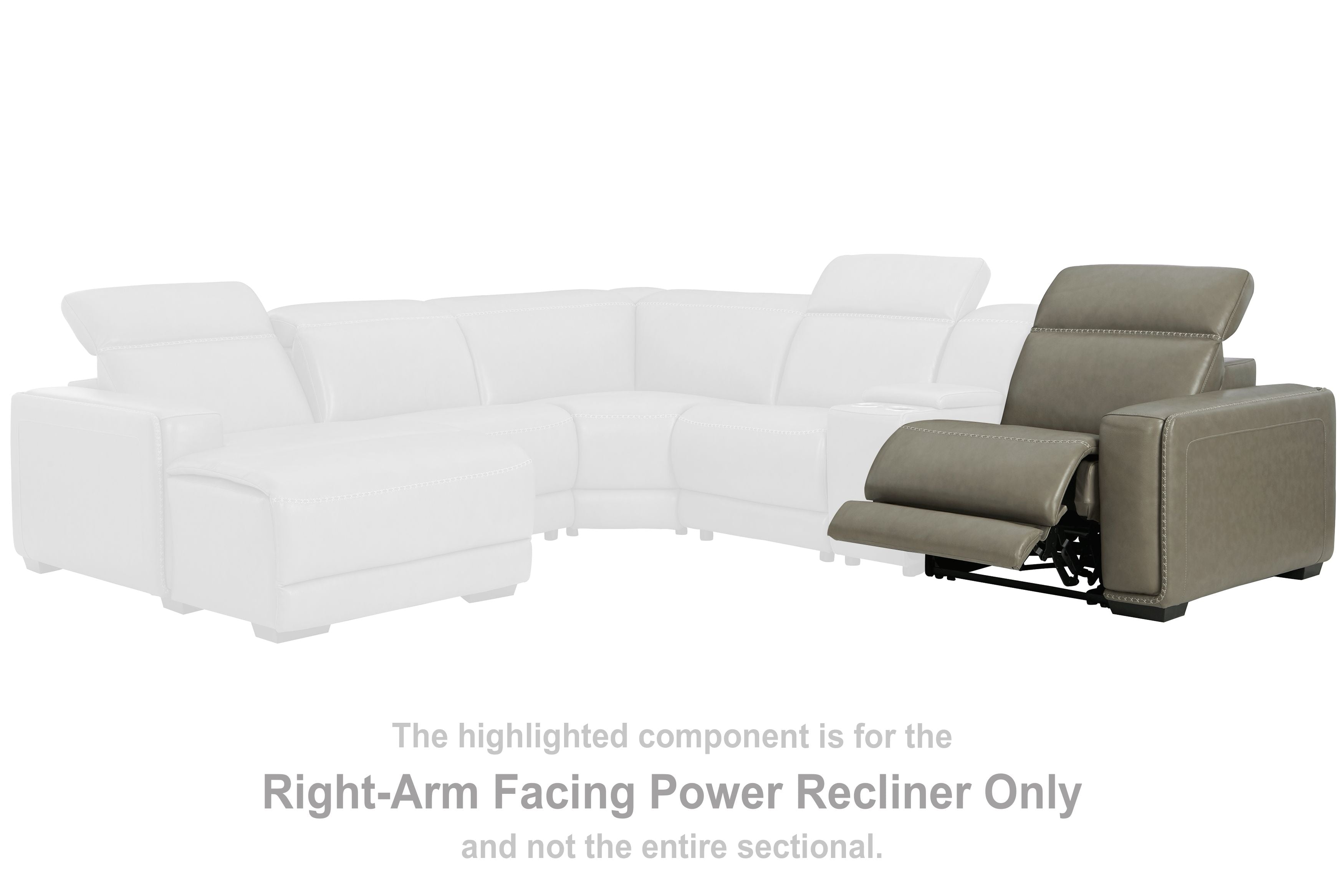 Gray right-arm power recliner at sectional end with recline footrest extended