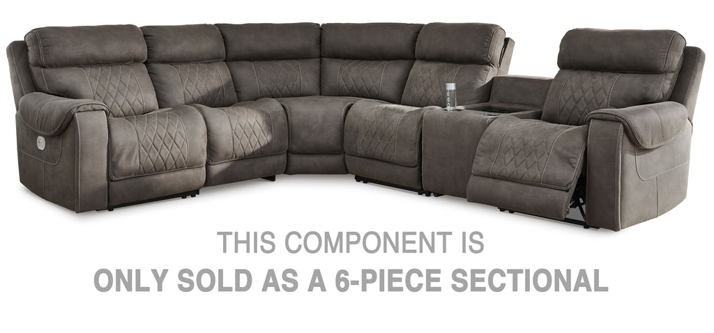 Gunmetal gray sectional sofa with console chaise and padded armrests, tufted back cushions