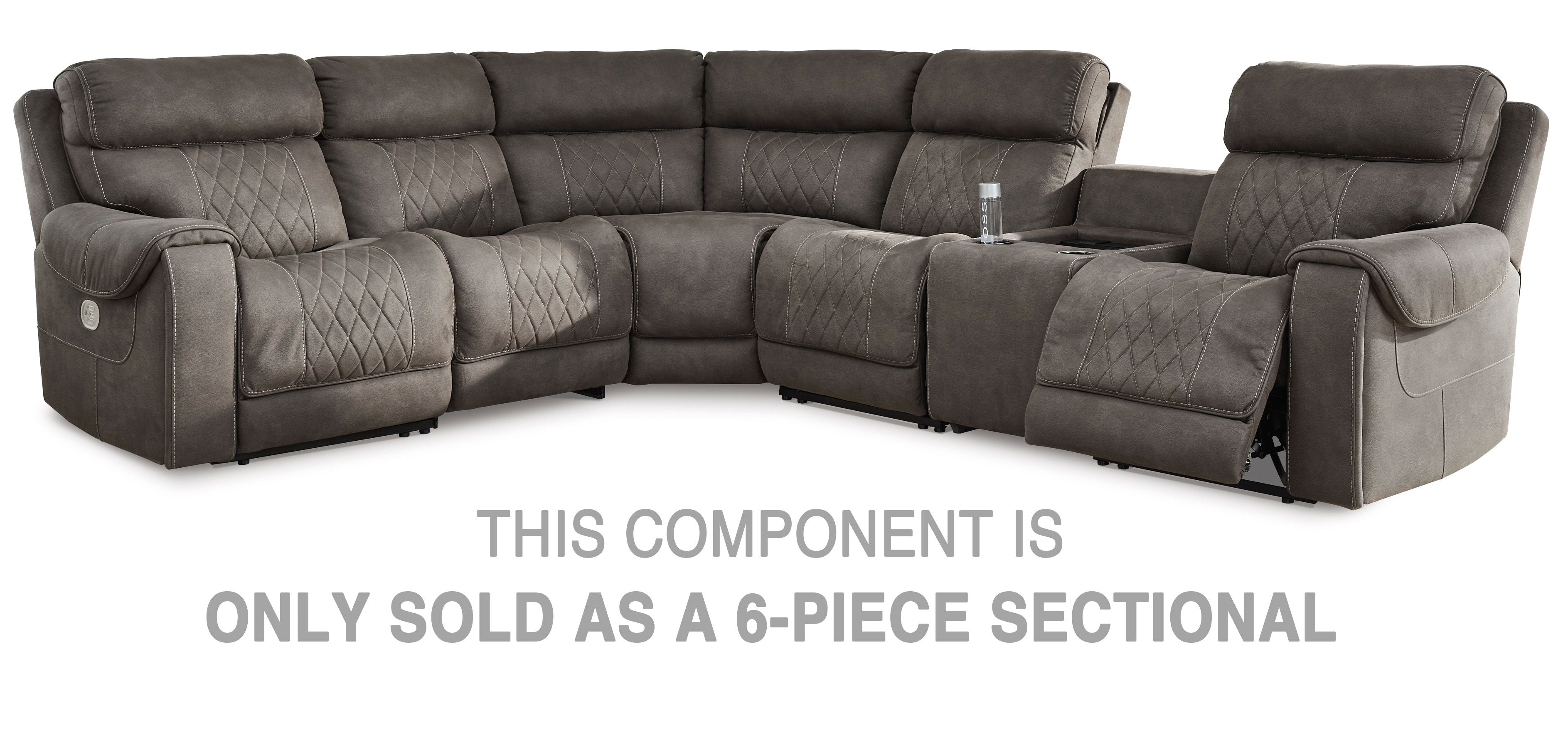 Gunmetal gray sectional sofa with console chaise and padded armrests, tufted back cushions