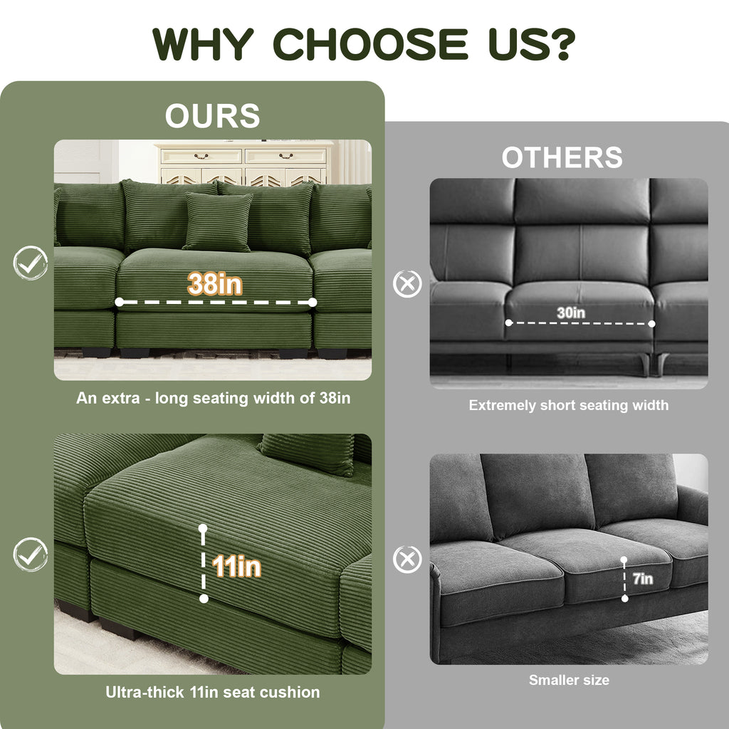 Green corduroy sectional sofa with cushioned back and long seat panels