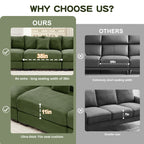 Green modular corduroy sectional sofa with seat and cushion detail view