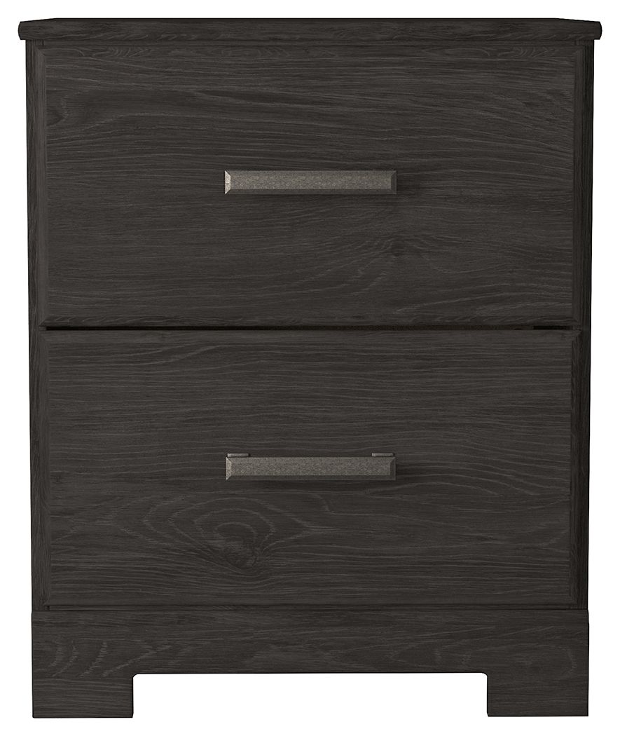 Charcoal two-drawer night stand with two horizontal bar pulls and wood grain