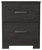 Charcoal two-drawer night stand with two horizontal bar pulls and wood grain