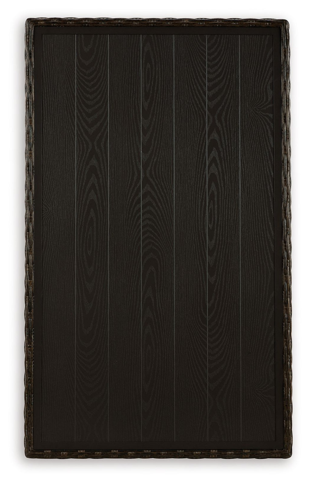 Brown rectangular table top with dark wood-grain finish and bordered edge