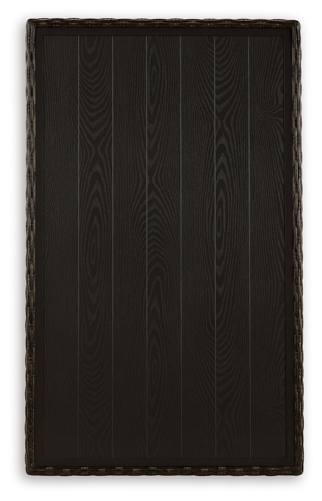Brown rectangular table top with dark wood-grain finish and bordered edge