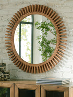 Accent mirror with wood slat frame mounted on wall