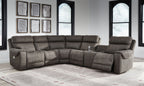 Gunmetal gray sectional sofa with console chaise, padded arms, tufted seat and back