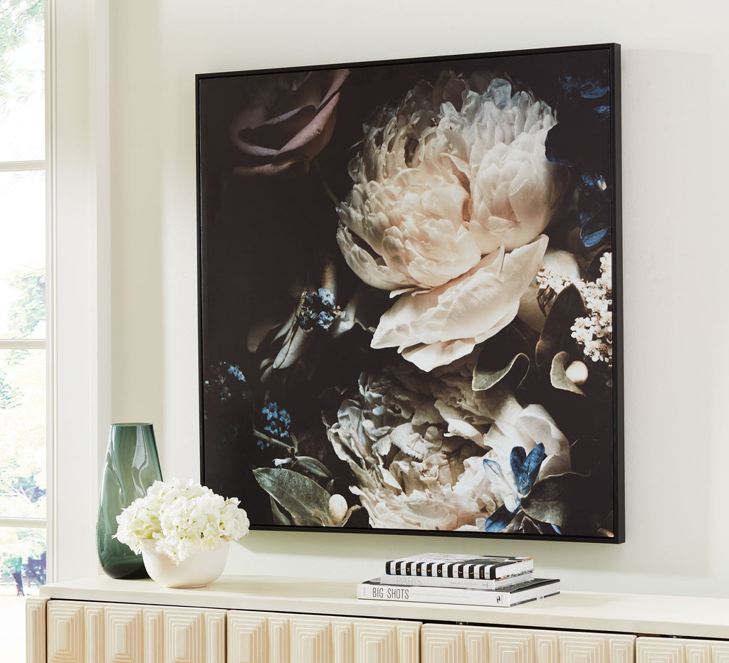Hurshaw wall art in frame with white peony blossoms and blue butterflies