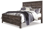Gray crossbuck panel bed with slatted headboard and sturdy side rails