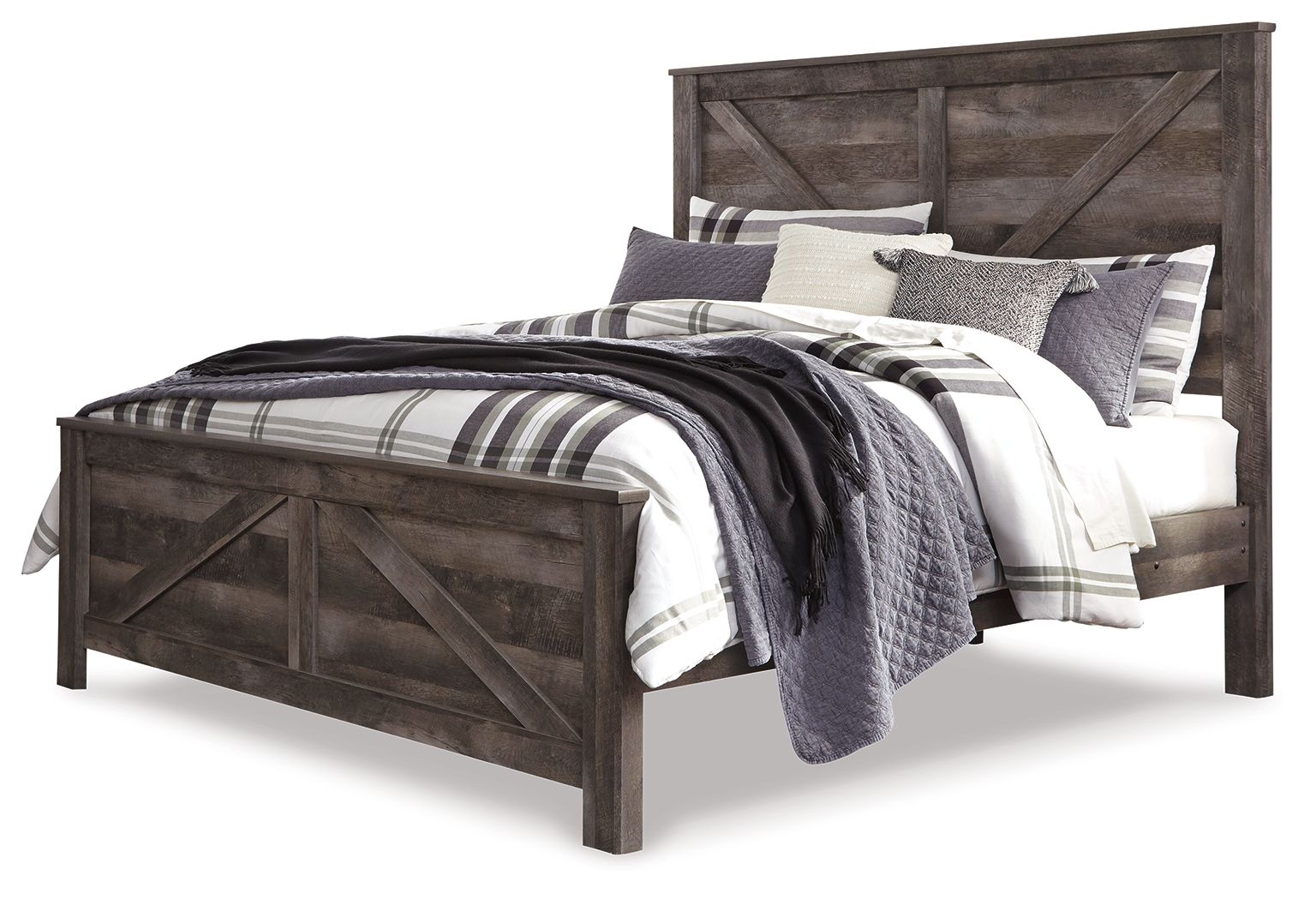 Gray crossbuck panel bed with slatted headboard and sturdy side rails