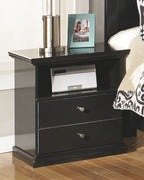 Black nightstand with open shelf and two drawers; round knobs and front panel