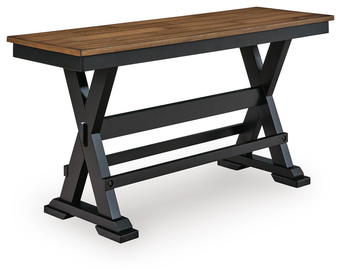 Dark brown dining bench with black angled legs and two under slats.