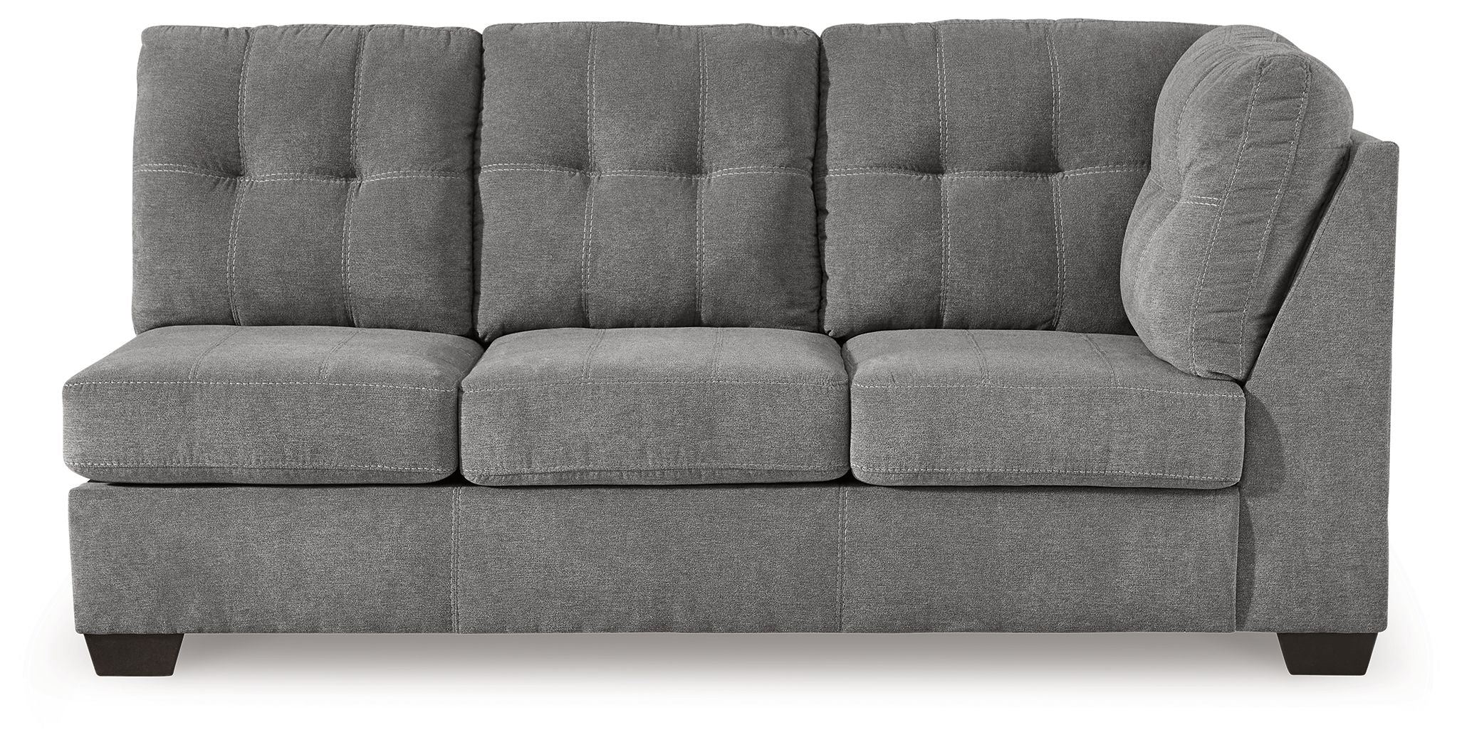 Gray fabric sofa with tufted back, three seat sections, and rounded right arm