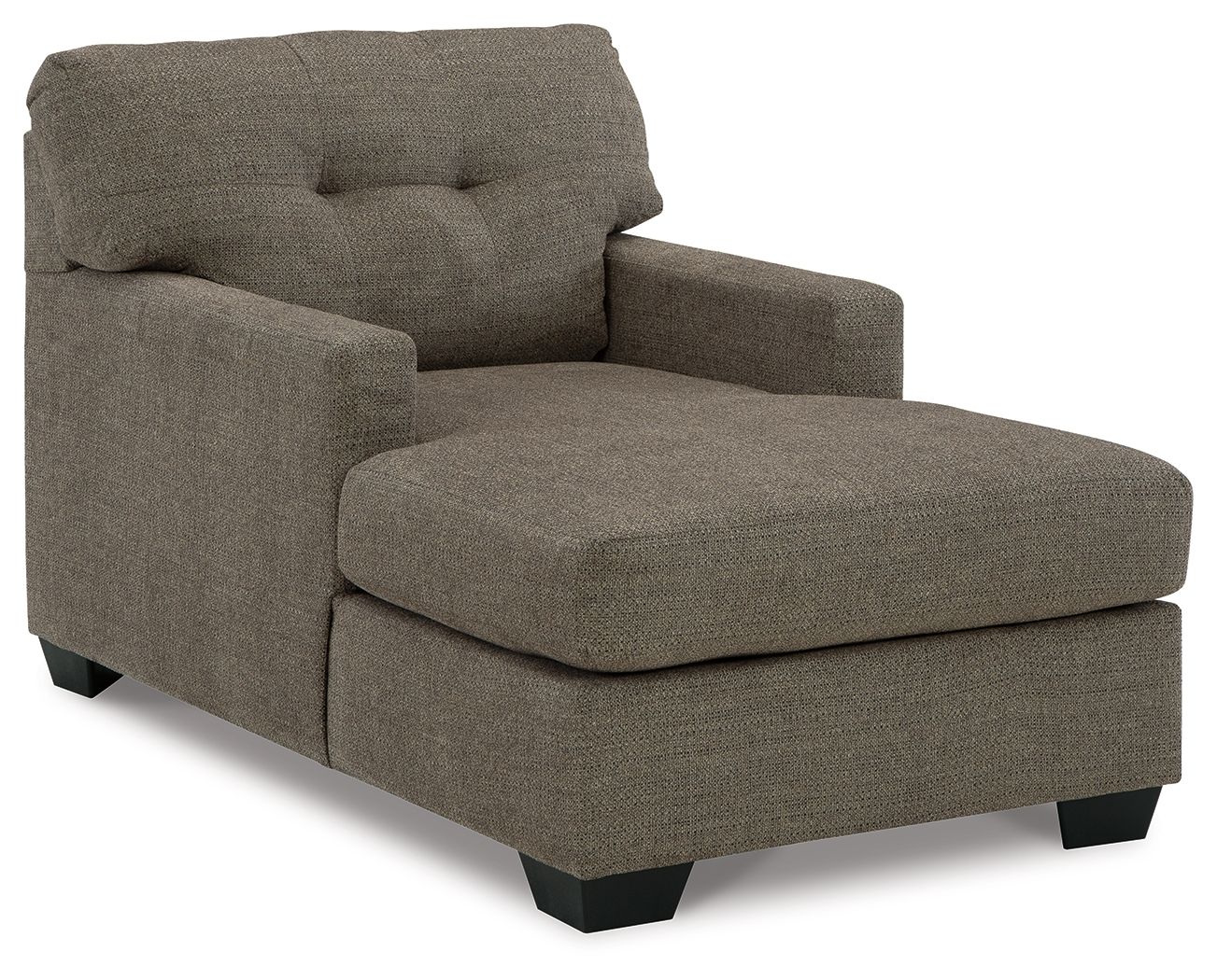 Upholstered chaise chair in dark brown with tufted back, track arms, and black feet