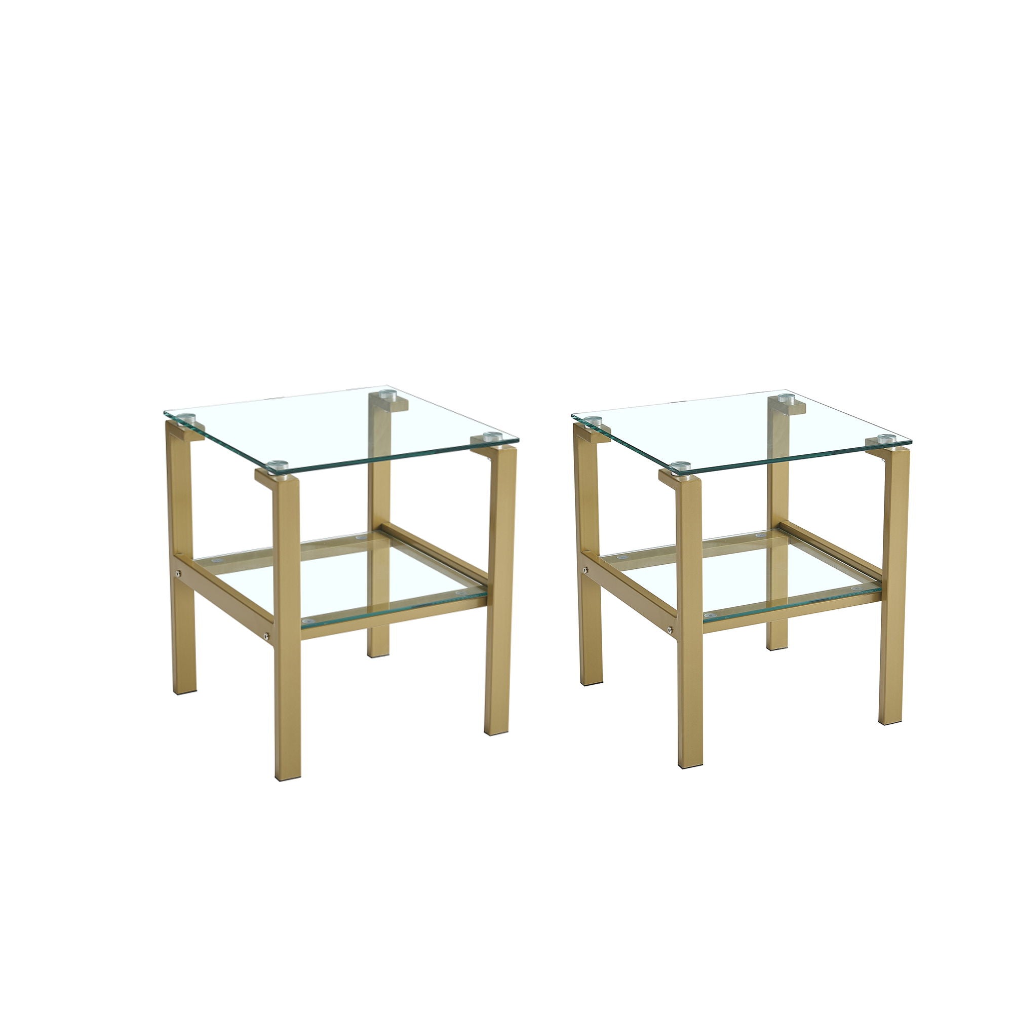 (Set of 2) Gold / Clear Glass Side & End Table With Storage Shelve, Night Stand / Sofa Table Bedroom Corner Table