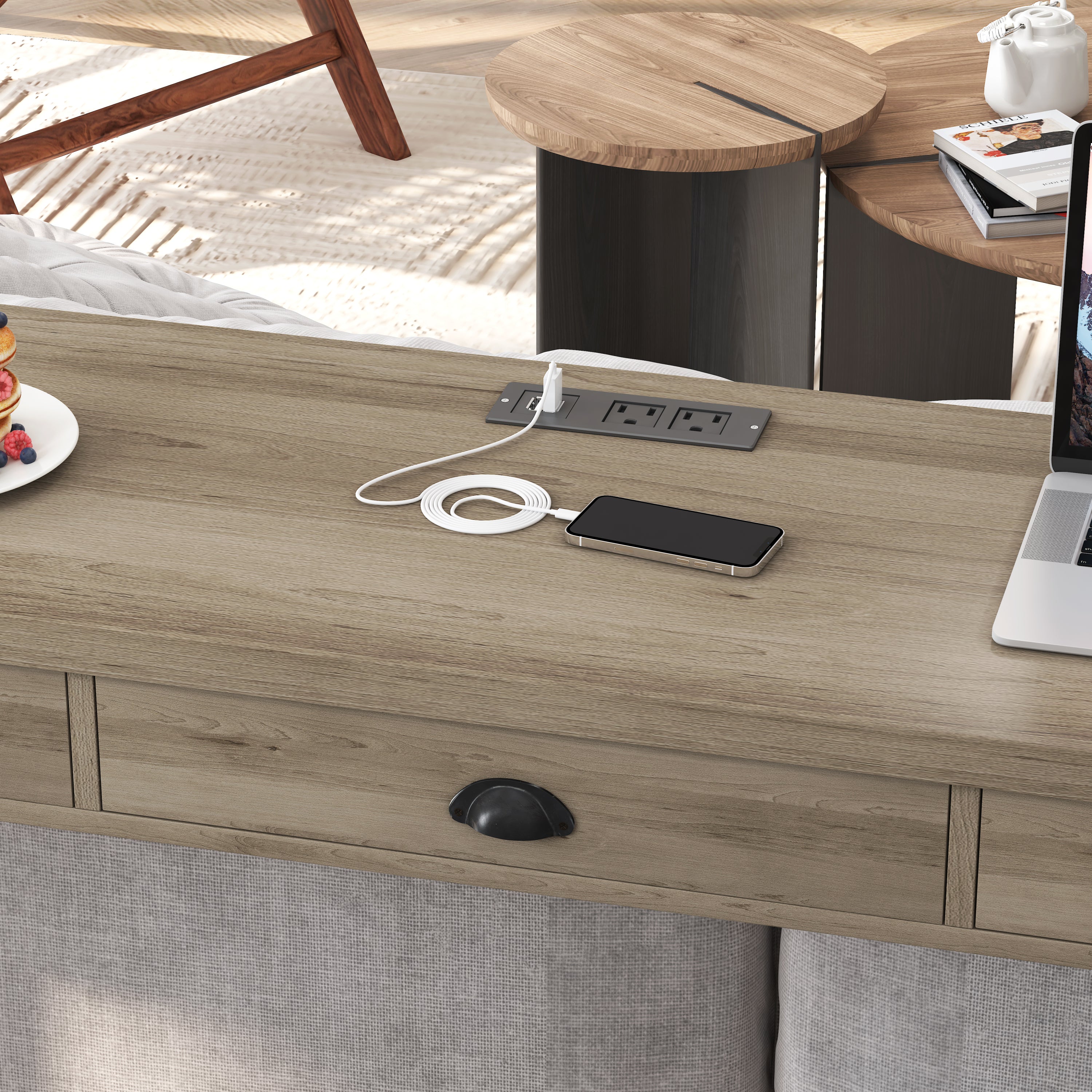 3-Drawer Dining Table Set w/ Power Outlets & Stools