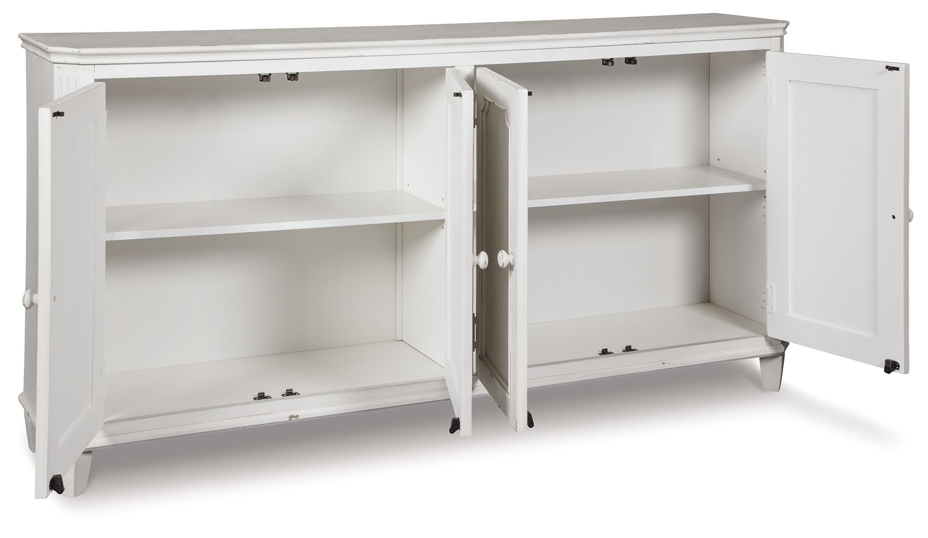 Antique white accent cabinet with two open doors revealing shelves and storage