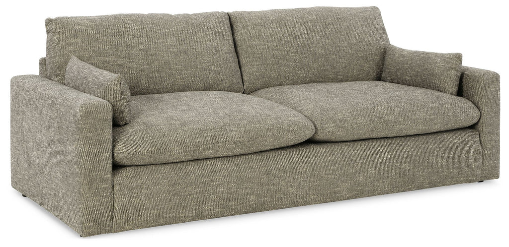 Gray fabric sofa with two seat cushions and low squared arms, granite weave.