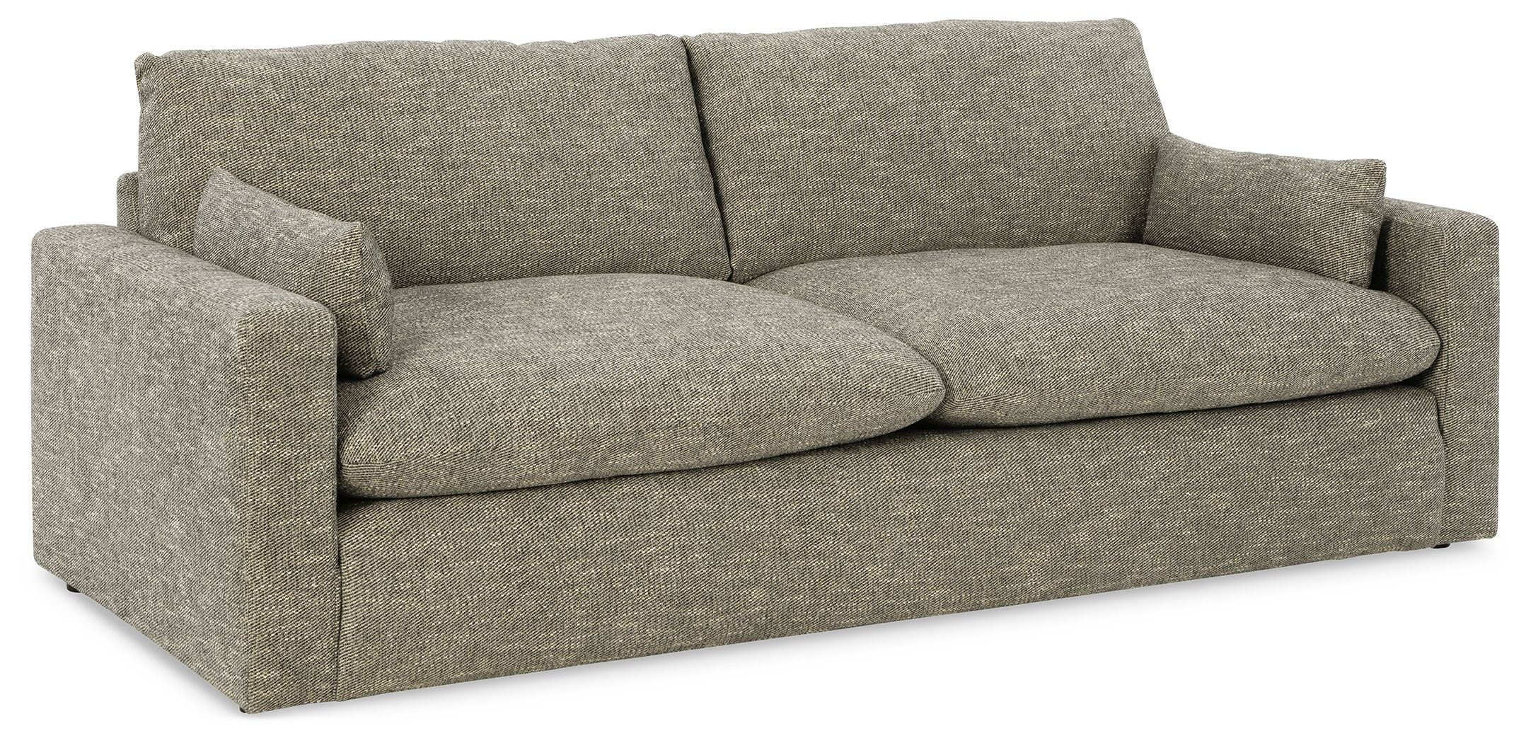 Gray fabric sofa with two seat cushions and low squared arms, granite weave.
