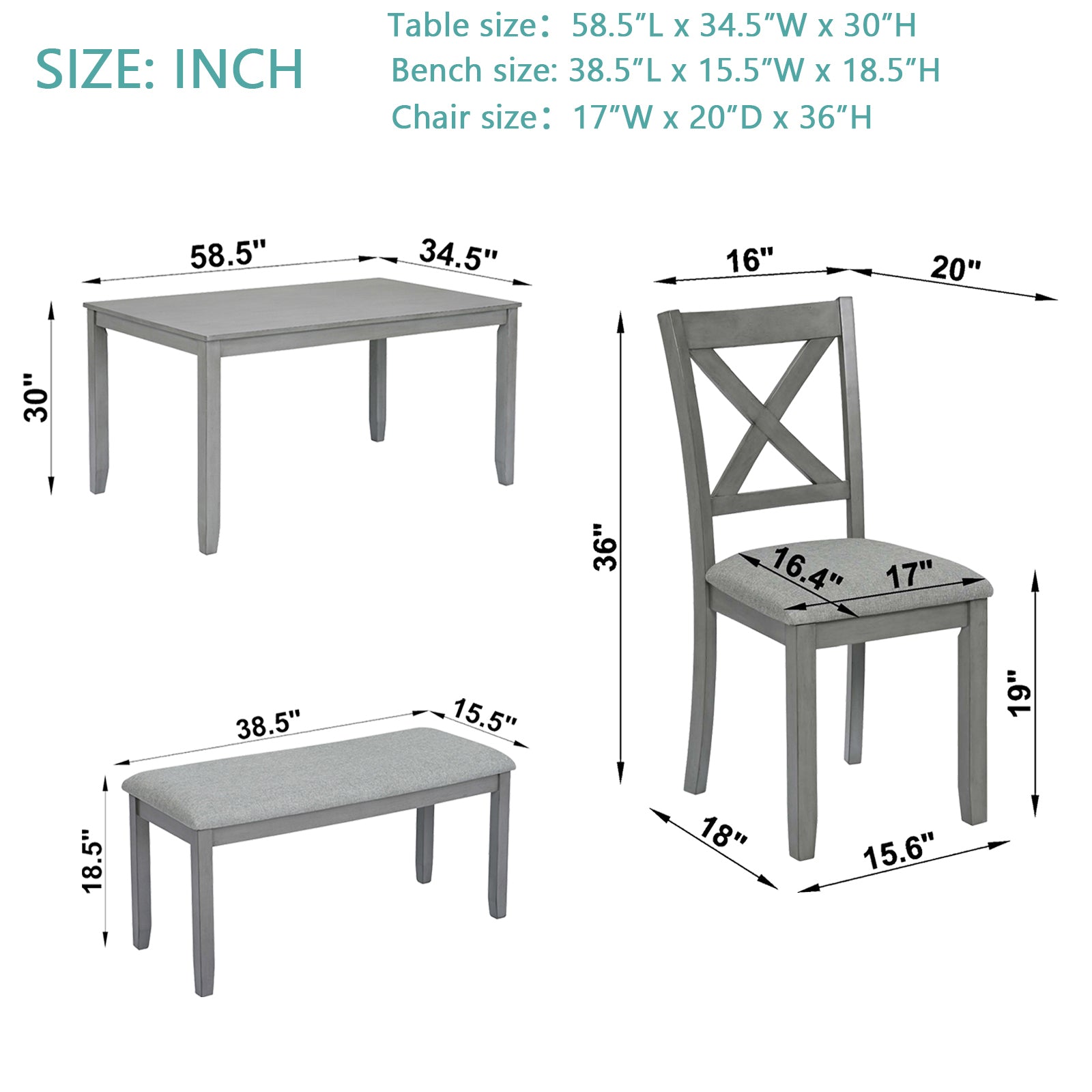 6 Piece Dining Set w/ Bench - Gray