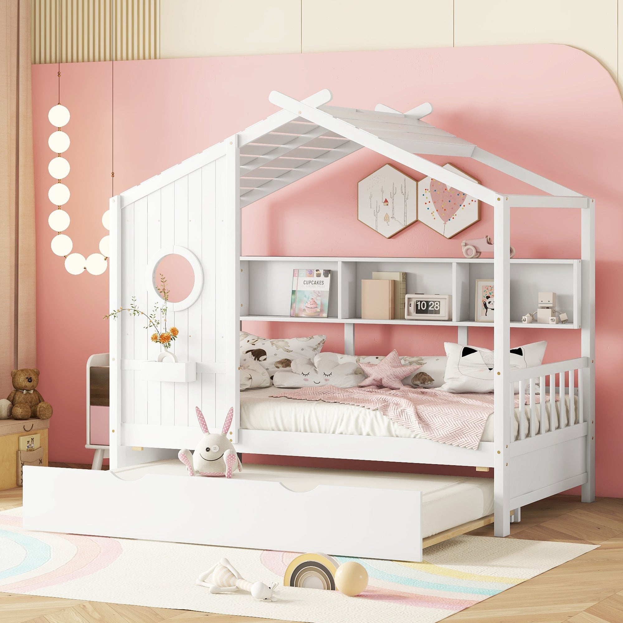 White Wooden Twin House Bed with Trundle, Modern Kid's Storage Shelf