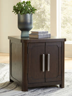 Dark brown 2-door end table with two panel doors and silver bar pulls, rectangular top