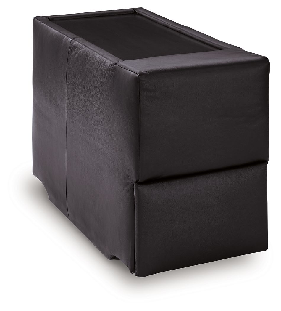 Black console with storage ottoman, closed front storage door