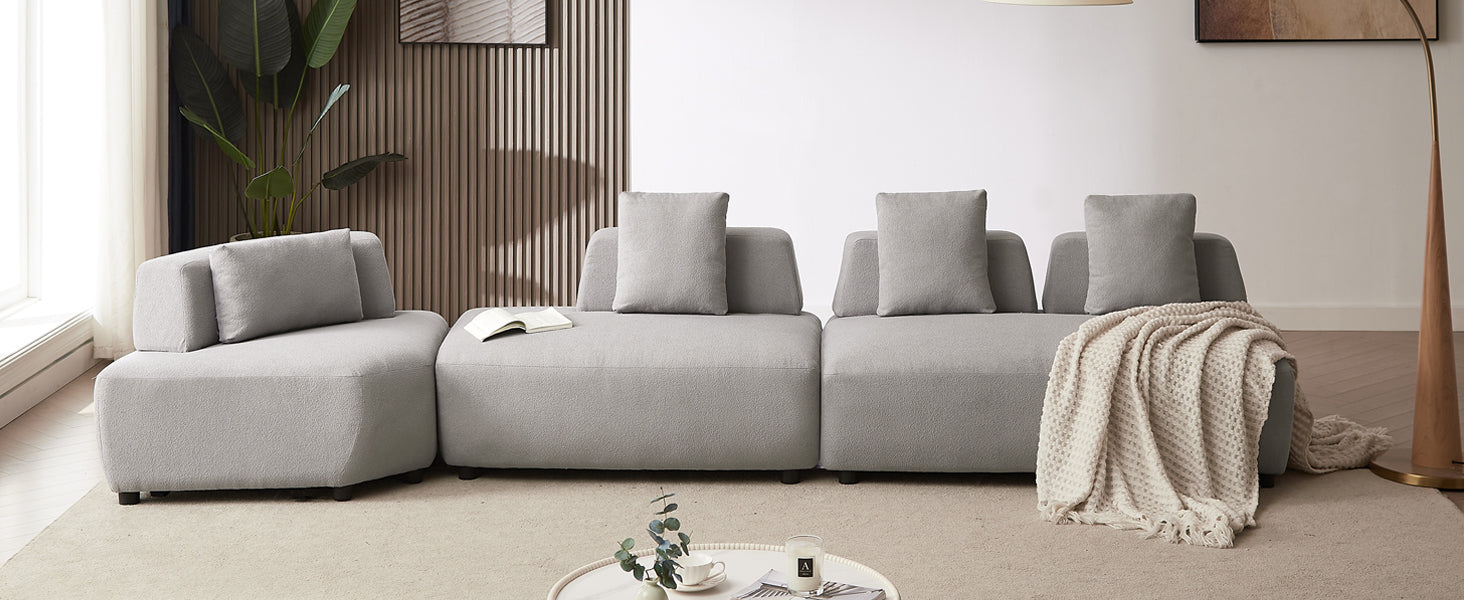 Contemporary 3-Piece Sectional Sofa with Free Convertible Ottoman & 4 Pillows - Grey