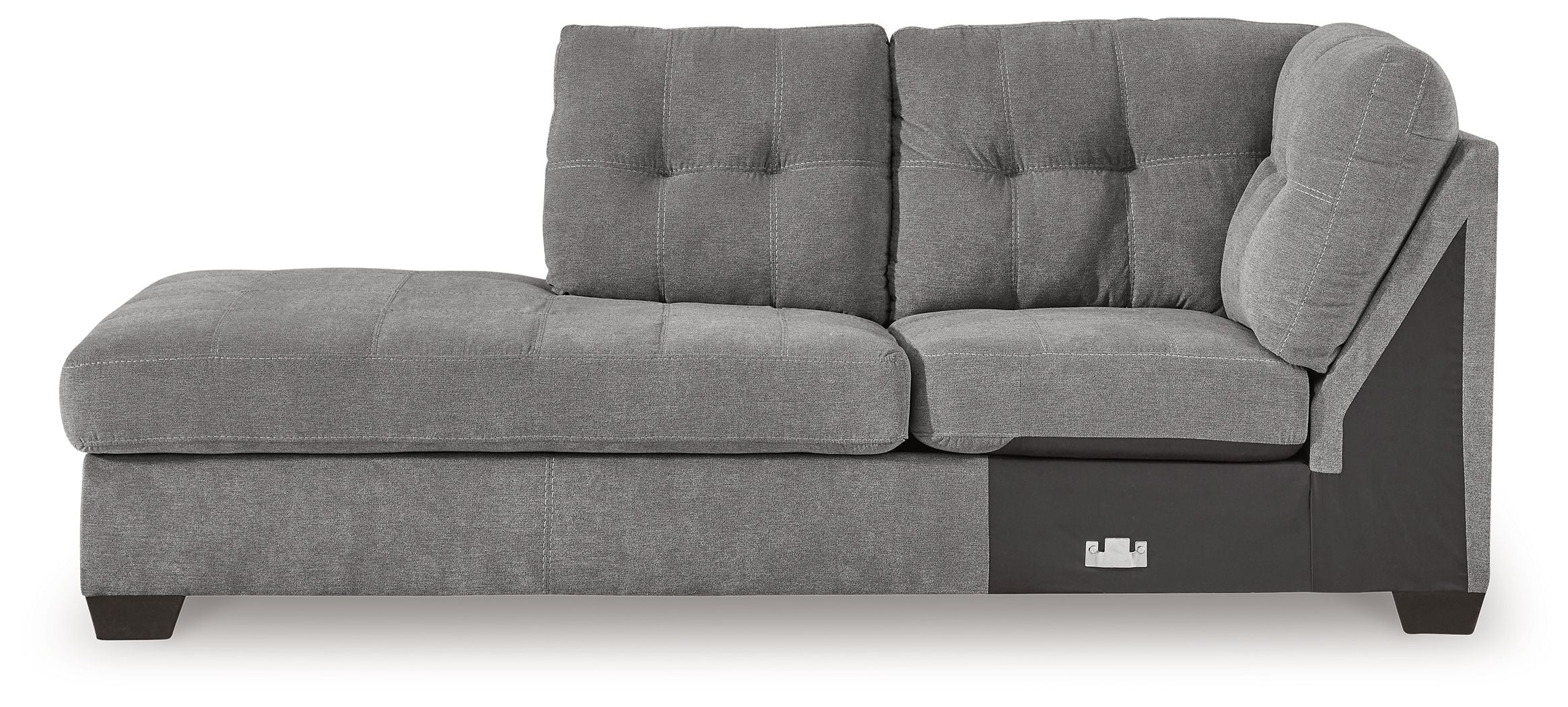 Gray corner chaise sofa with deep tufted cushions, curved arm, and dark legs