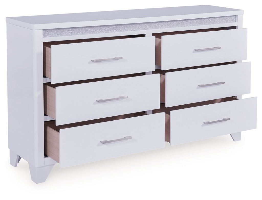 White dresser with gray textured top, six pull-out drawers showing interior.