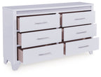 White dresser with gray textured top, six pull-out drawers showing interior.