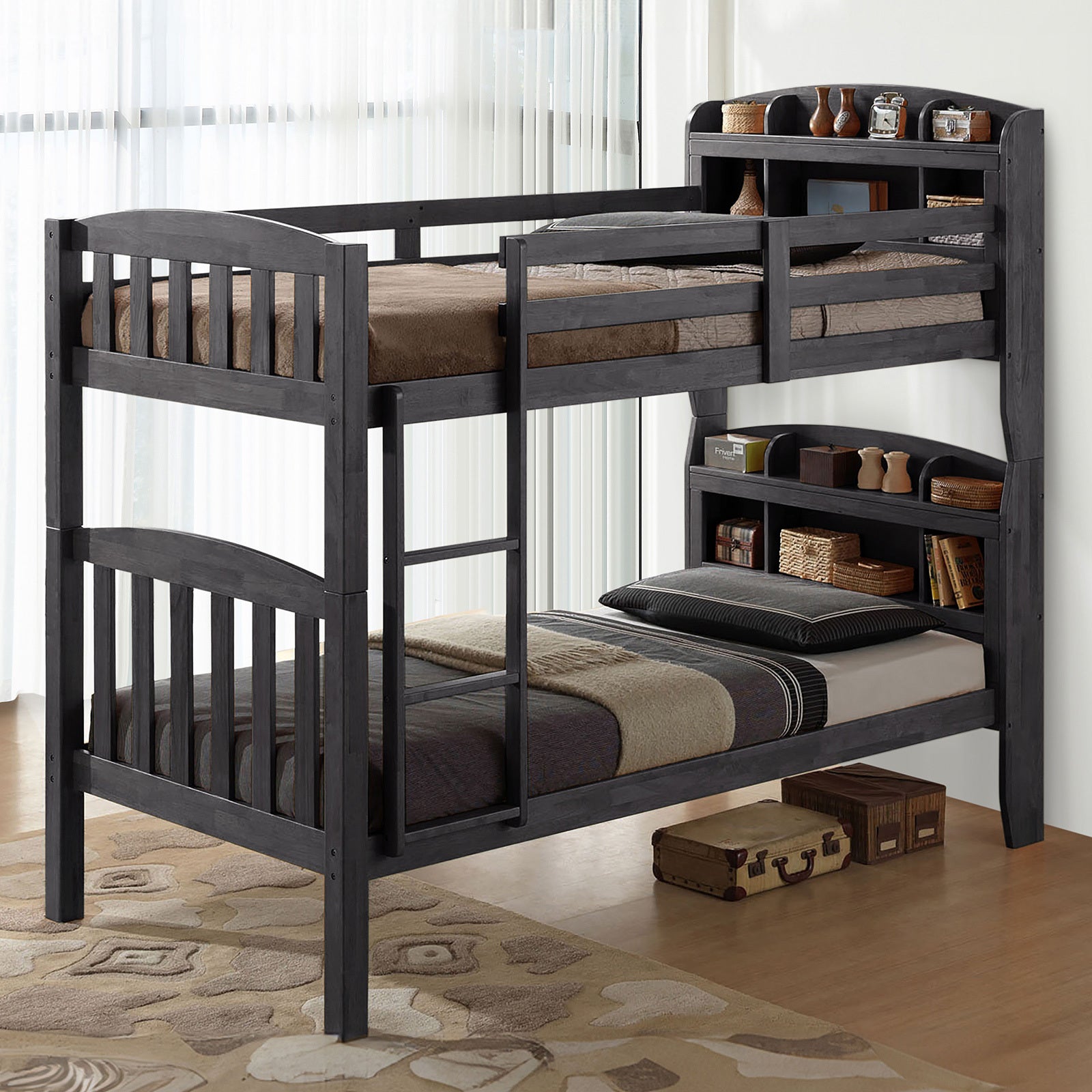 Transitional Twin Over Twin Bunk Bed, Grey, Footboard Ladder, Splits