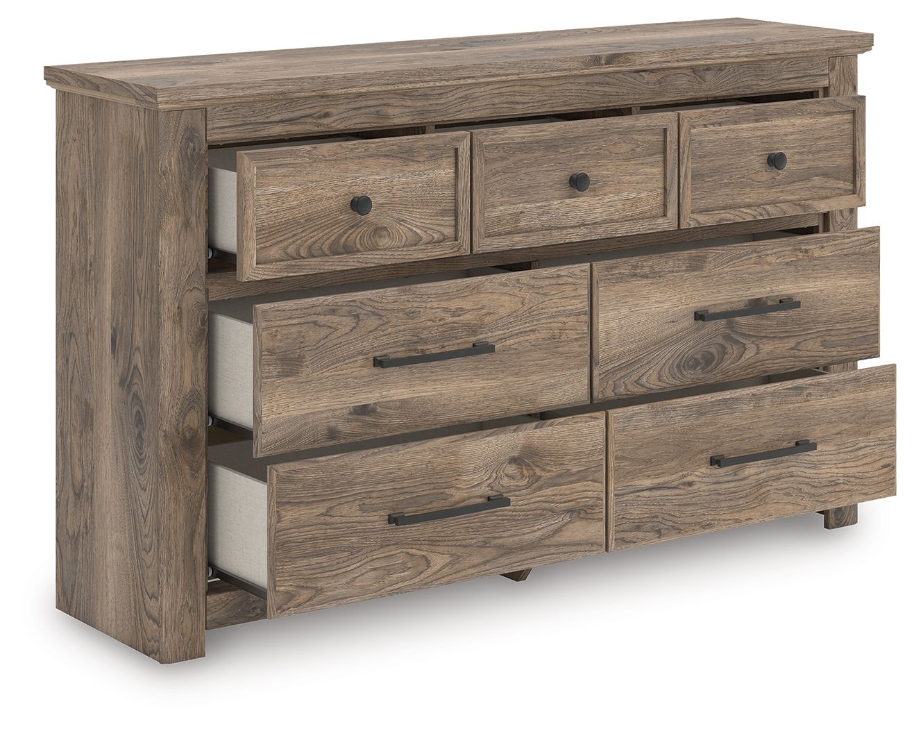 Light brown dresser with seven drawers, open center drawer