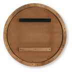 Brown circular accent mirror back view with wood frame and hanging hardware