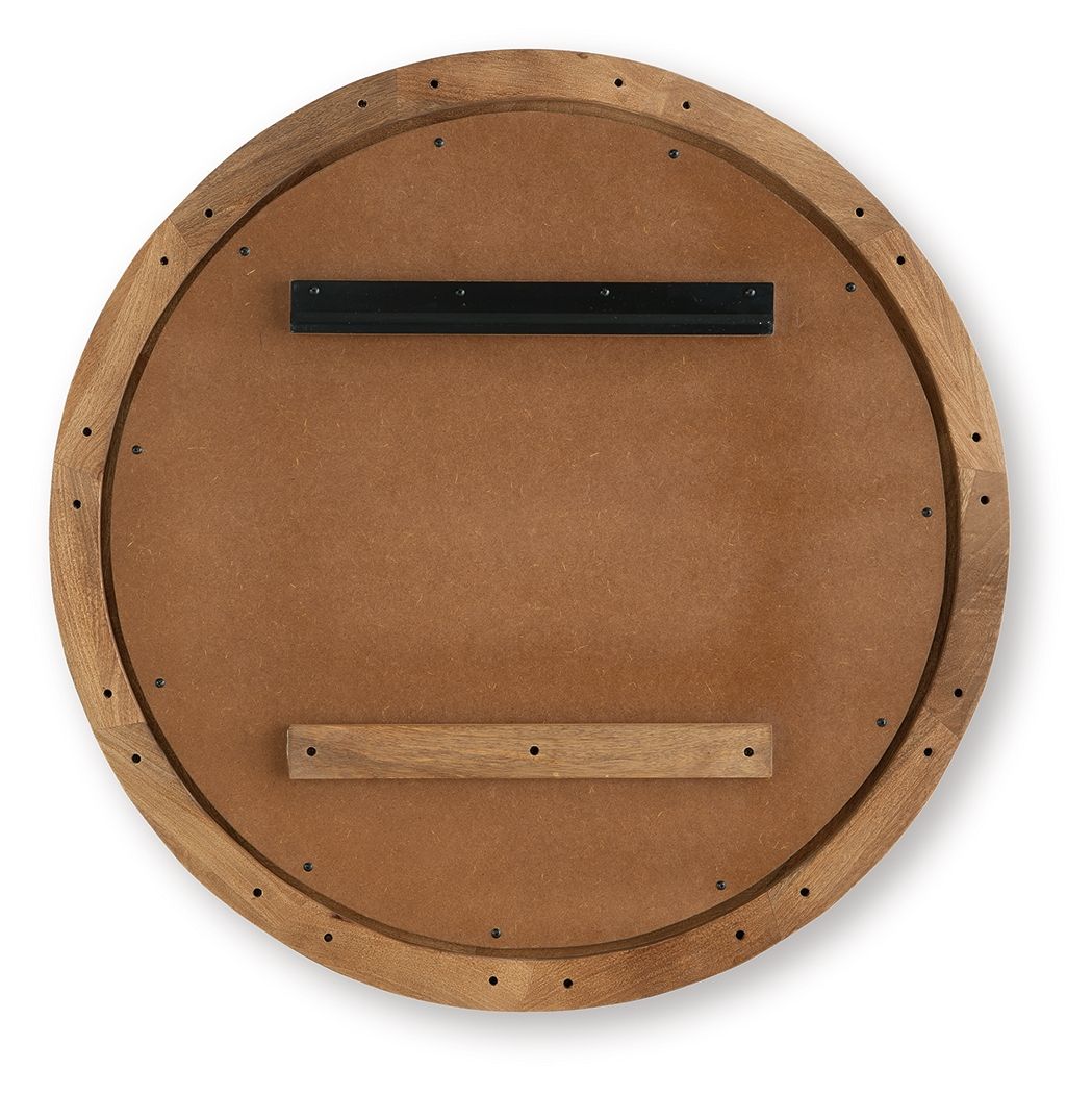 Brown circular accent mirror back view with wood frame and hanging hardware
