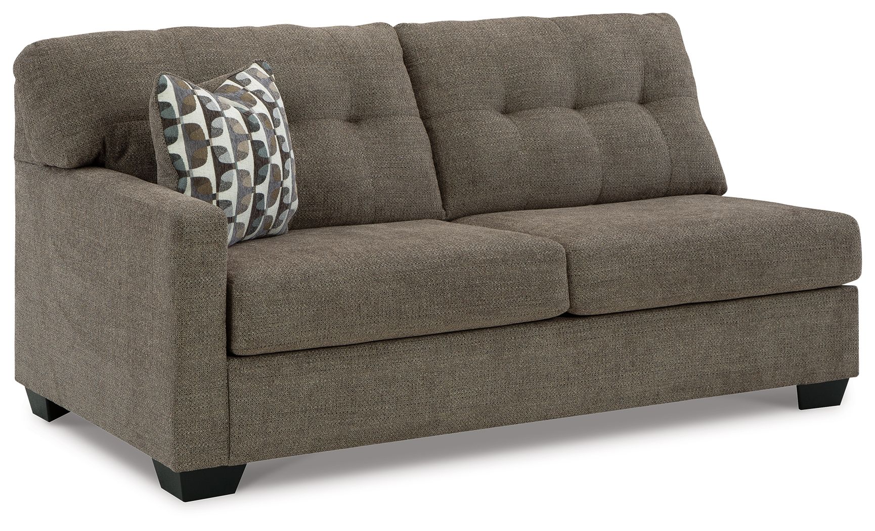 Dark gray-brown upholstered sofa with tufted back, two cushions, black feet.