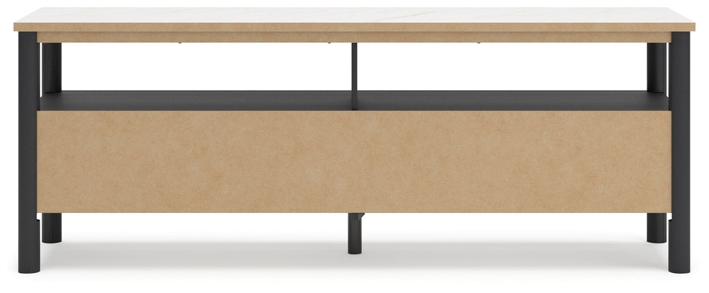 Beige-drawer TV stand base with dark frame and four corner legs