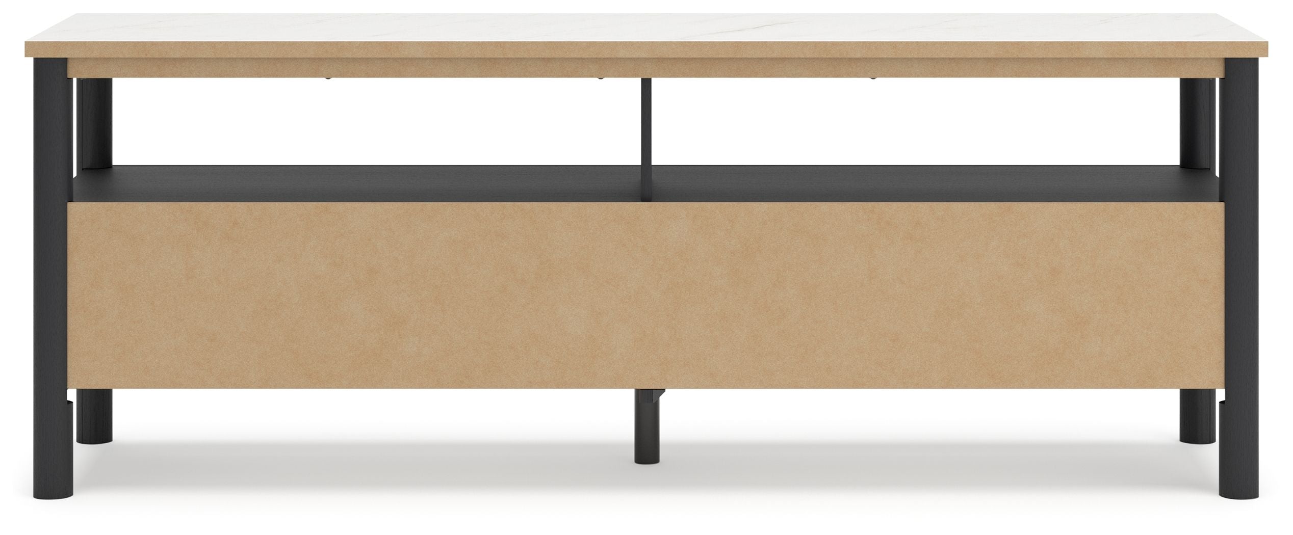 Beige-drawer TV stand base with dark frame and four corner legs