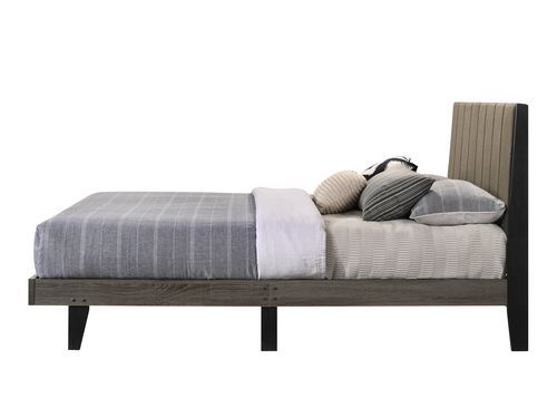 Valdemar Queen Bed: Brown Fabric & Weathered Gray Finish