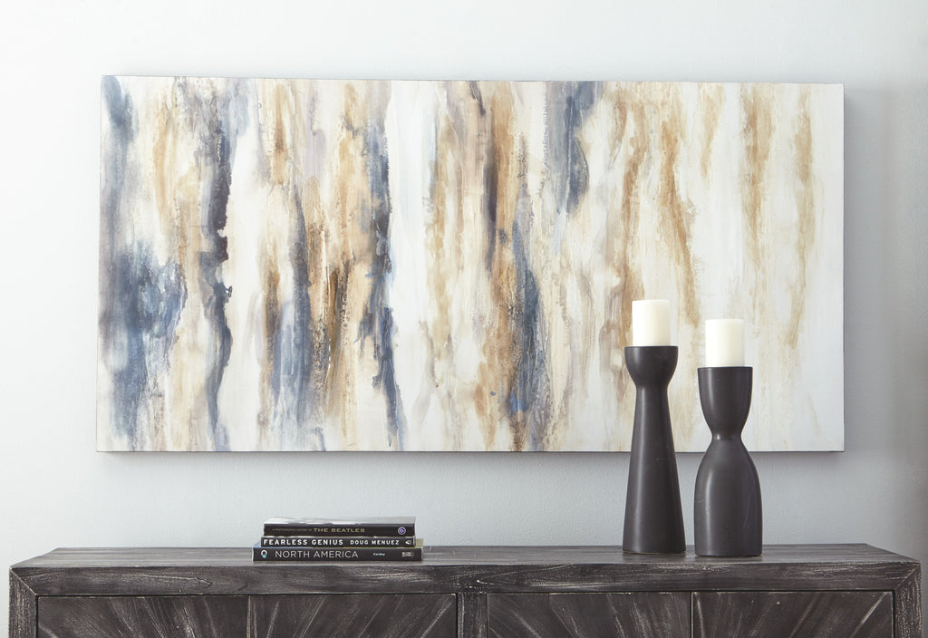 Horizontal wall art canvas with blue and cream vertical abstract brushstrokes