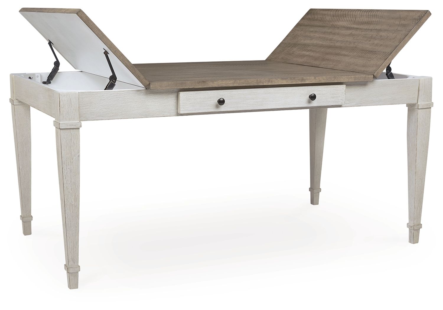 Rectangular table with lifted top panels, two drawers, white frame, wood-look top