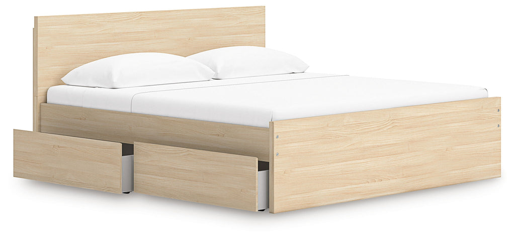 Light brown wood panel platform bed with two front side storage drawers and white mattress