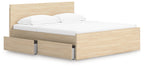 Light brown wood panel platform bed with two front side storage drawers and white mattress