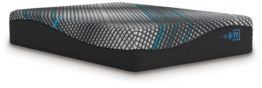 14-inch foam mattress with black sides and grey top, teal grid lines