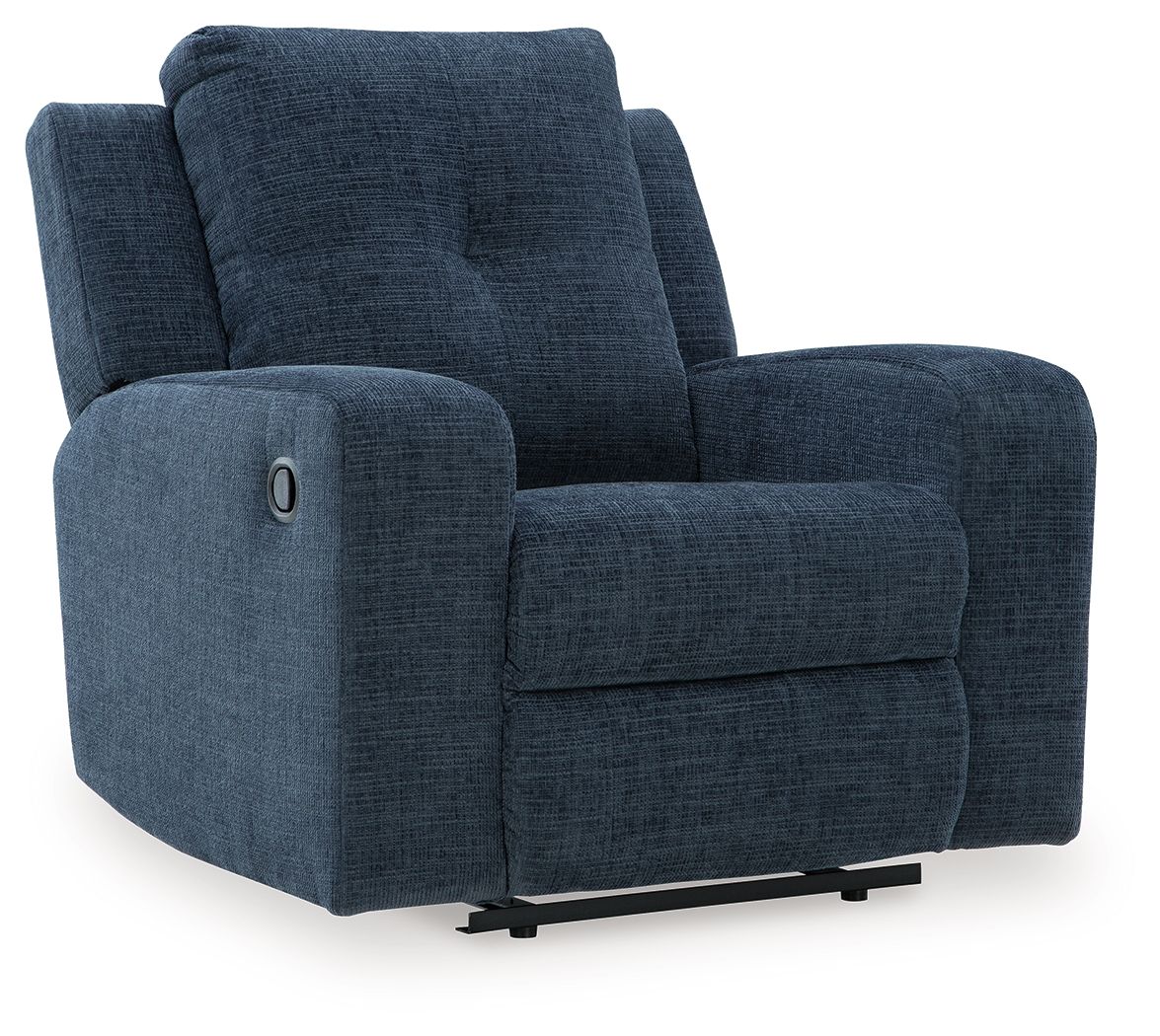 Ink blue fabric wall recliner with cushioned arms, tall headrest, and metal base feet