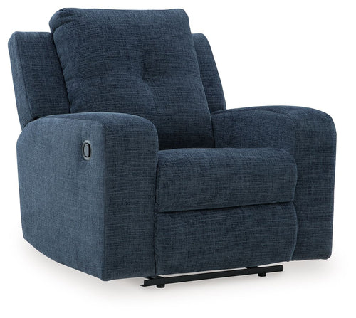 Ink blue fabric wall recliner with cushioned arms, tall headrest, and metal base feet