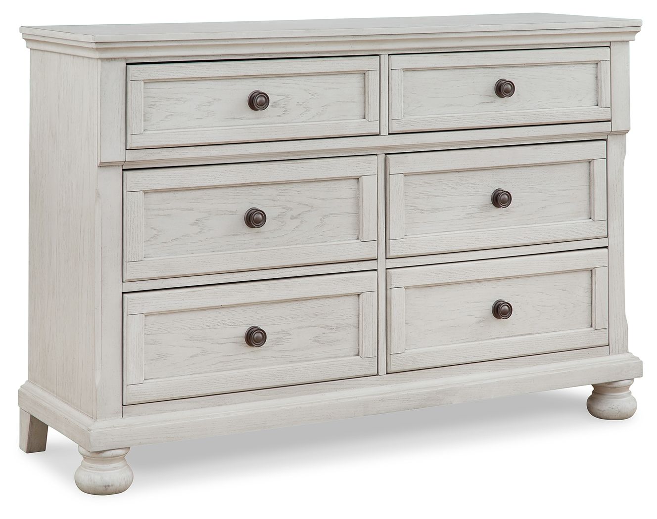 Antique white dresser with six drawers and round knob pulls, paneled sides.
