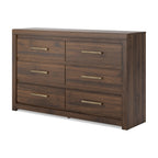Light brown six-drawer dresser with straight bar handles and visible wood grain.