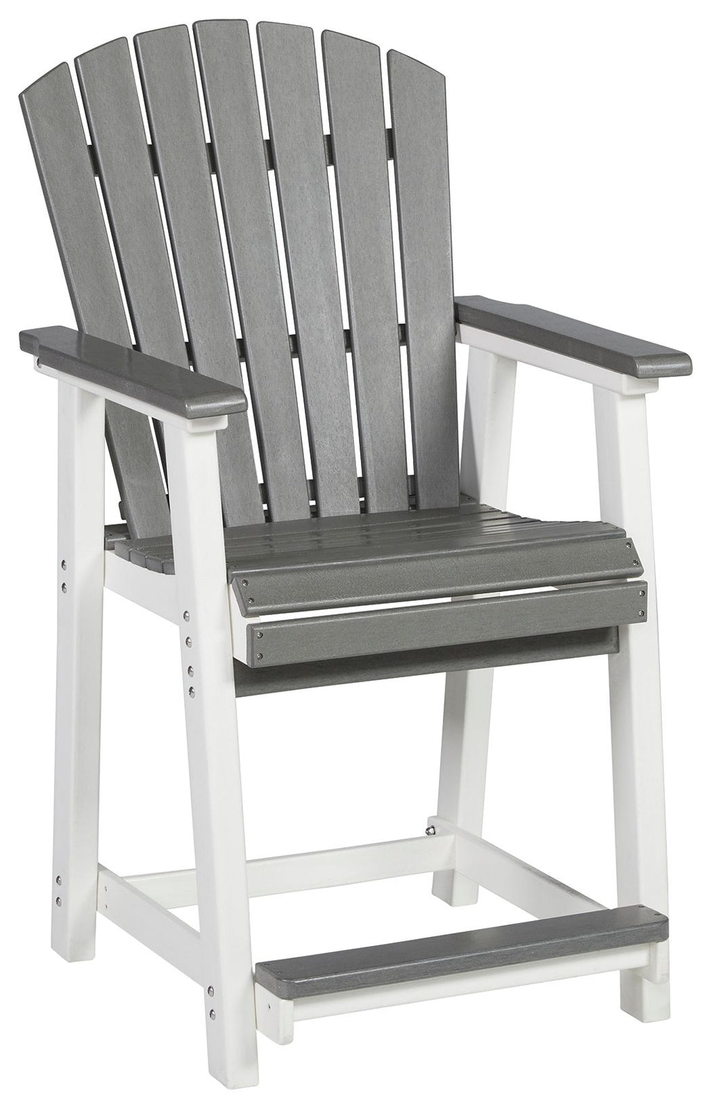 Gray barstool with vertical slat back, white frame, gray cushioned seat and armrests